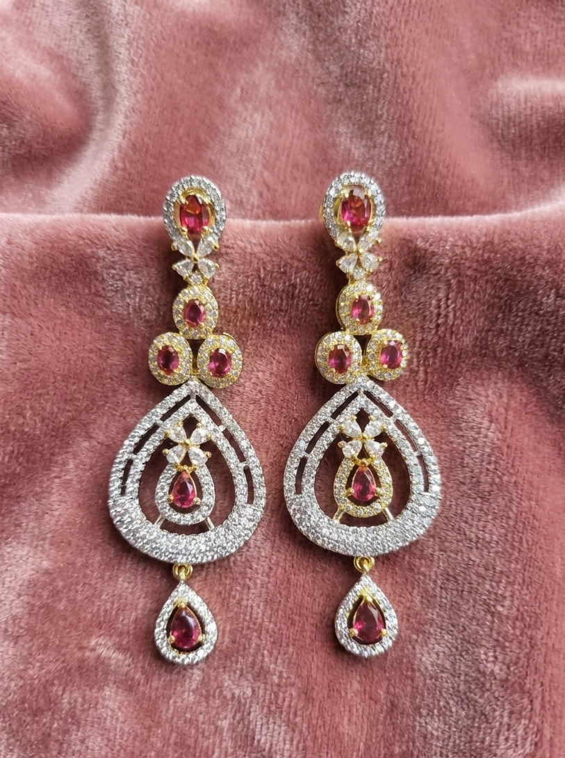 American Diamond Gold Plated Dual Teardrop Ruby Danglers