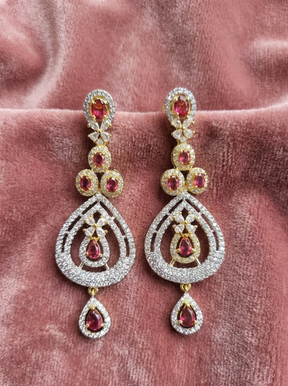 American Diamond Gold Plated Dual Teardrop Ruby Danglers