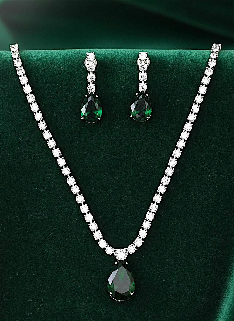American Diamond Silver-Plated Emerald Royale Drops Necklace Set