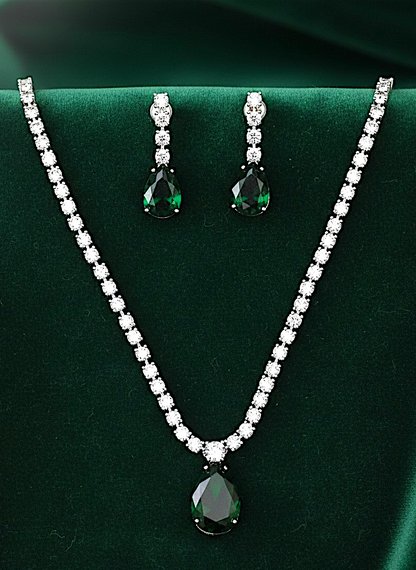 American Diamond Silver-Plated Emerald Royale Drops Necklace Set
