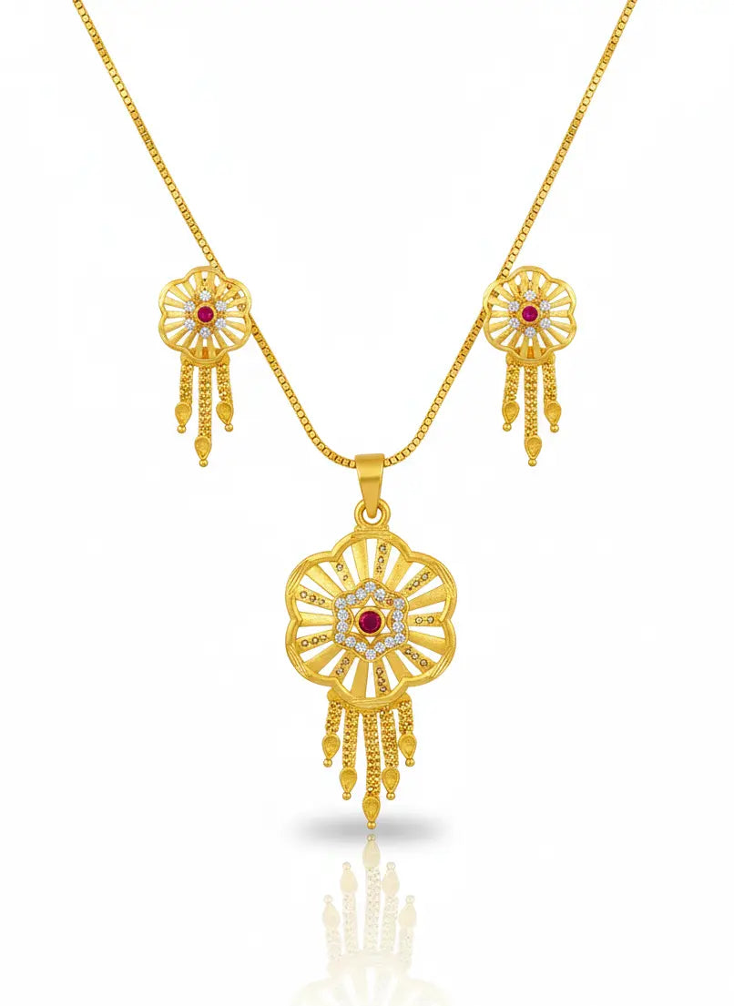 Gold-Plated Pendant Set Ruby Sunflower Cascade Coruscate Jewels