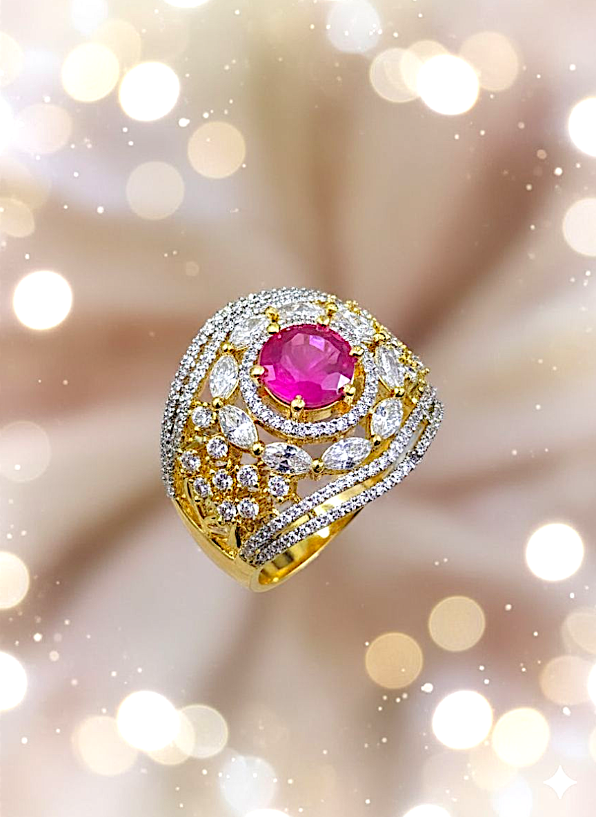 Coruscate Jewels - Adjustable Ruby Stone Statement Ring with CZ Diamonds