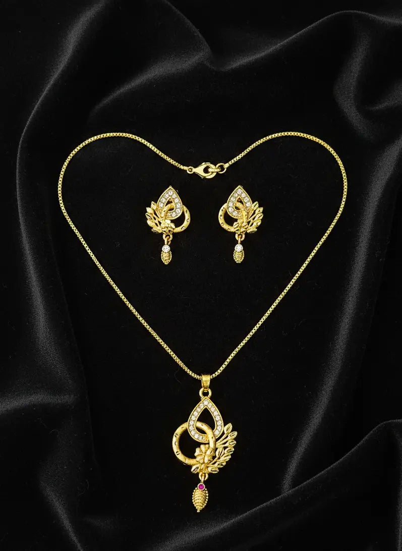 Leafy Golden Teardrop Gold-Plated Pendant Set Coruscate Jewels