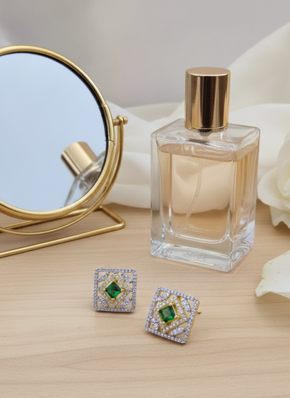 Gold-Plated American Diamond Green Stone Studded Earrings