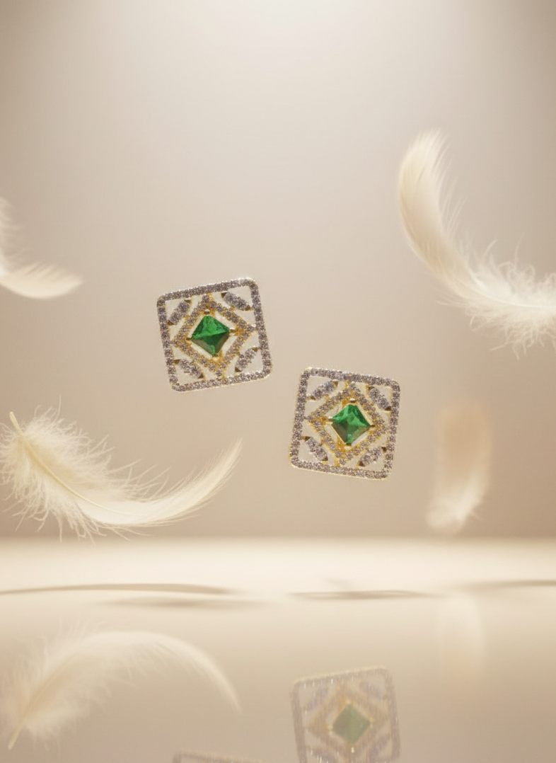 Gold-Plated American Diamond Green Stone Studded Earrings