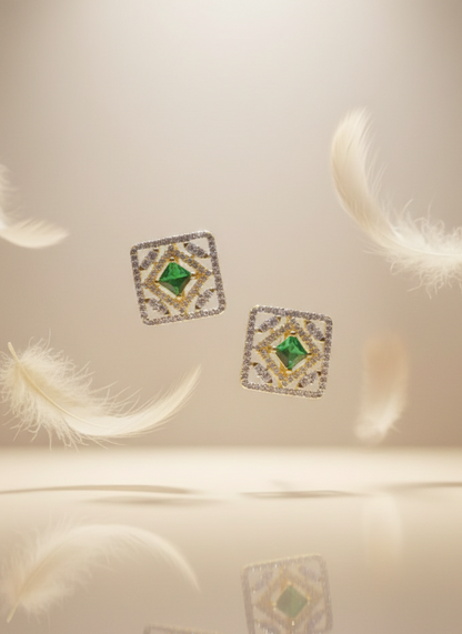 Gold-Plated American Diamond Green Stone Studded Earrings