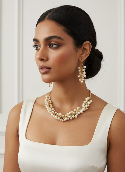 White Beaded Layered Gold Chain Necklace Set