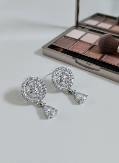 American Diamond Silver Plated Cocentric Drop Earrings
